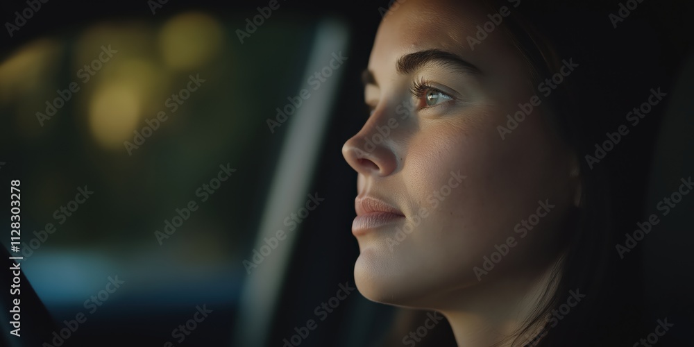 Obraz premium A portrait of a young woman with deep contemplation in her gaze, reflecting on life while seated in a car, capturing a serene yet thoughtful moment. Perfect for emotional storytelling.