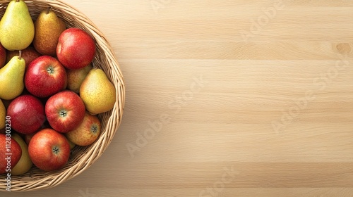 wicker basket overflowing with freshly picked apples and pears placed on clean wooden surface