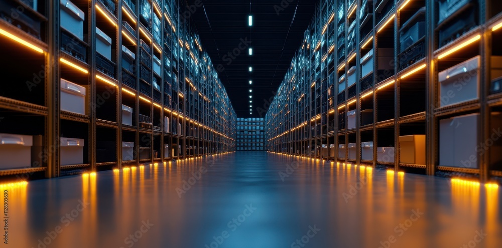Futuristic stacked automated storage systems illuminated by glowing lights, showcasing advanced technology in action. Futuristic stacked automated storage systems illuminated by glowing lights, showcasing advanced technology in action.