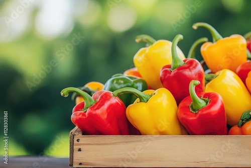 wooden crate of colorful peppers displayed on market stand with blurred greenery in background photo