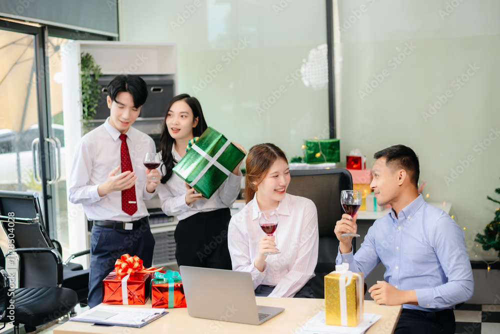 Christmas party! Festive decor, Santa hats, gifts, food, and cheerful coworkers bring joy and togetherness this holiday season
