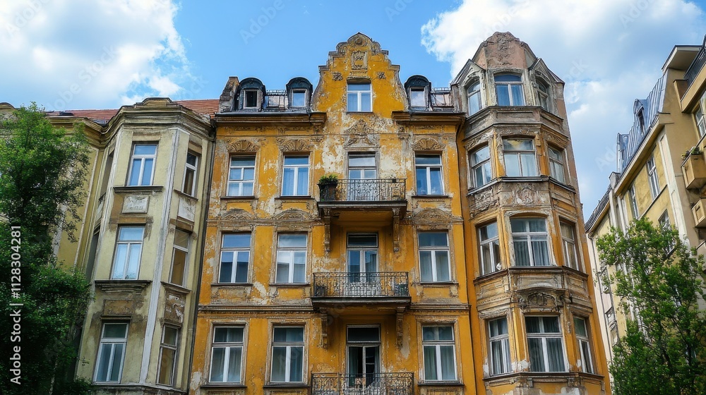 Old, weathered apartment buildings in a row. Ideal for historical, urban, and architectural projects. Old, weathered apartment buildings in a row. Ideal for historical, urban, and architectural projects.