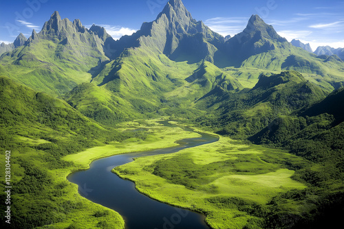 A green valley with a river running through it. The mountains in the background are lush and green
