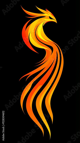 Stylized phoenix with vibrant flames on black background