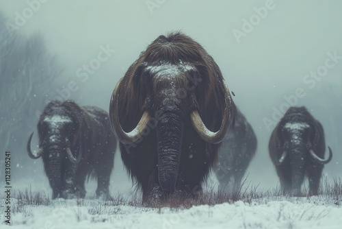 Woolly mammoths in snowy landscape; majestic herd braving winter. Perfect for evoking prehistoric times, documentaries, or ice age themes. photo