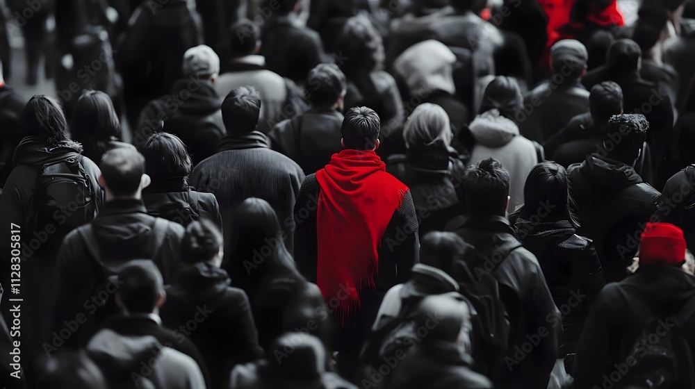 Obraz premium A grayscale busy train station, where one traveler in the crowd wears a vivid red scarf, making them stand out in the chaos