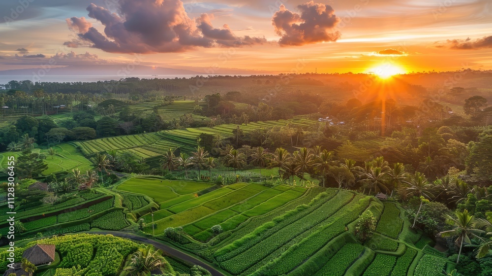 Naklejka premium Aerial view of a lush green farm with rows of crops and a vibrant sunrise