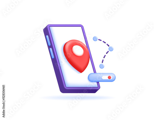 mobile map application concept. navigation. directions or road guides to an address or destination location. illustration of a smartphone with a location symbol and a route. symbol or icon. 3d style