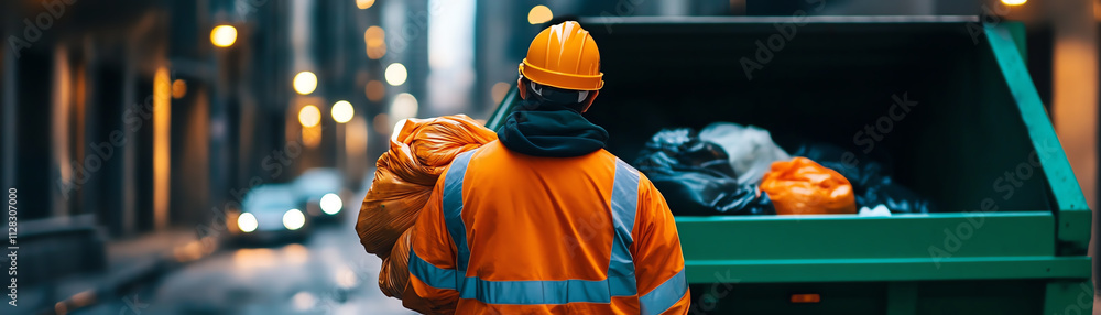 A worker in reflective gear collects waste in an urban setting during dusk.
