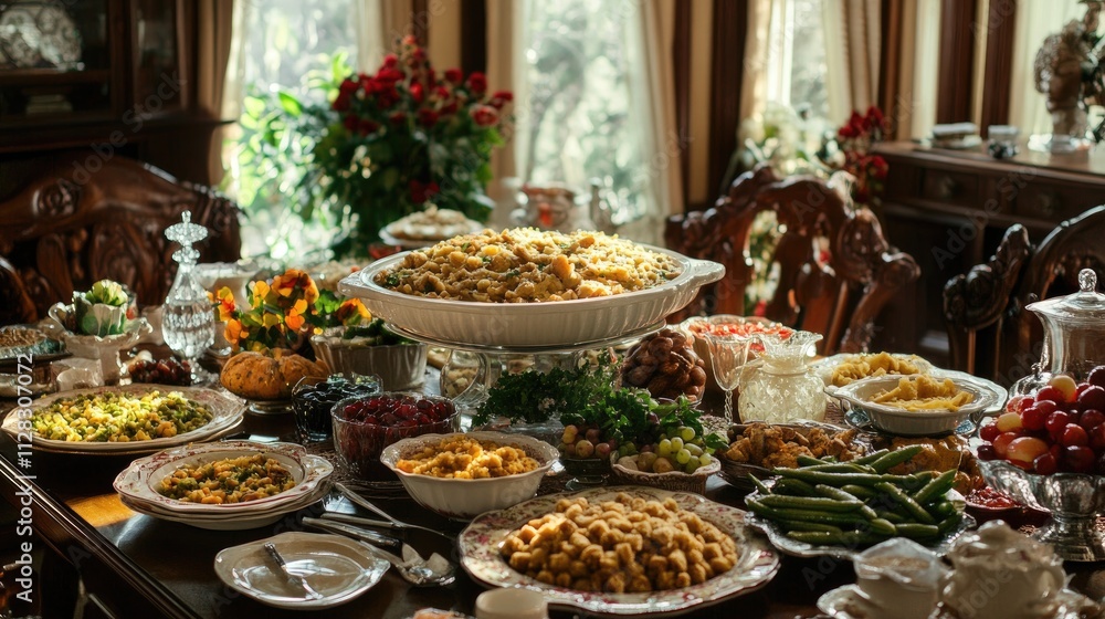 A lavish dining table filled with various dishes, showcasing a festive meal setting. A lavish dining table filled with various dishes, showcasing a festive meal setting.