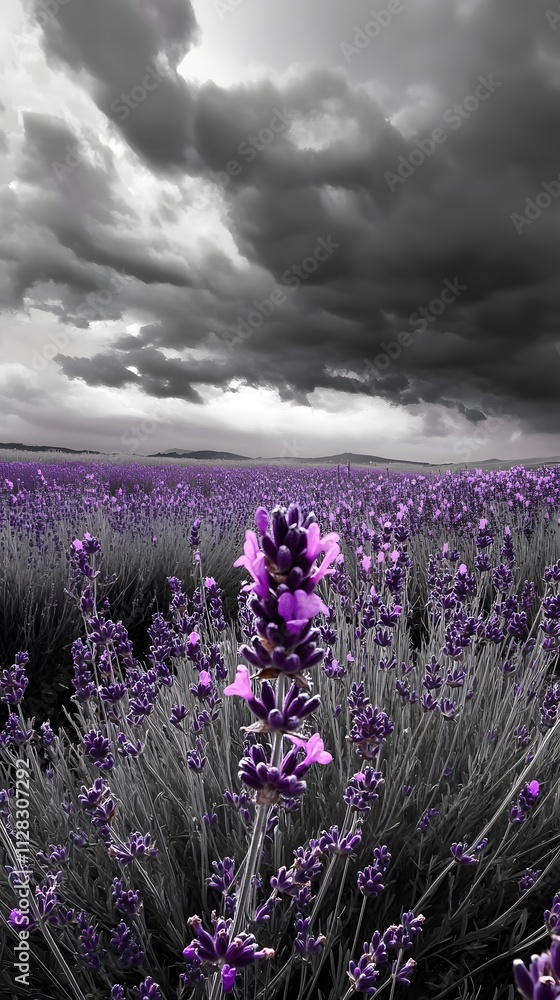 Fototapeta premium A grayscale field of lavender under a stormy sky, with a single plant vividly purple in the foreground
