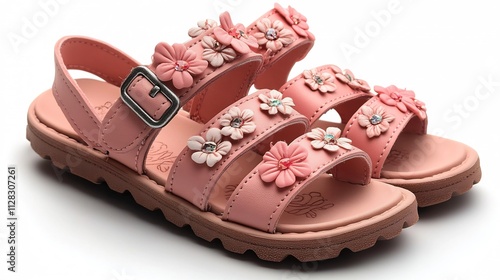 Adorable strappy baby sandals girls with floral embellishments and an easytouse hook and loop fastener closure isolated on a clean white background