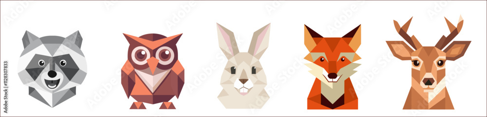 Fototapeta premium Forest Animals racoon, owl, rabbit, fox and deer geometric illustration