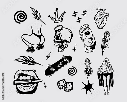 brutalism streetwear acid collage element sticker collection set ornament poster, tattoo style, tribal illustration vector creepy icon, symbol sick editable
