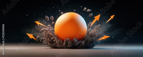 Dynamic 3D rendering of a cannonball in motion, with force vectors, velocity arrows, and trajectory parabolas surrounding it, symbolizing projectile motion