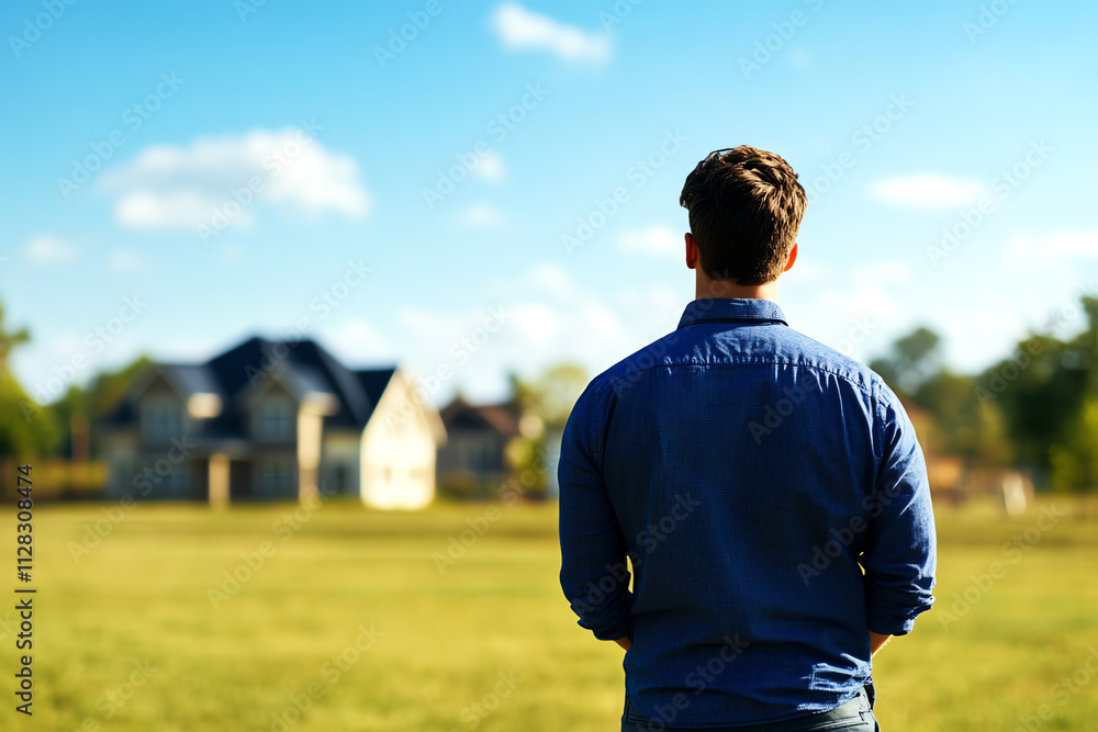 Fototapeta premium A man gazes at a distant house under a bright blue sky in a tranquil outdoor setting.
