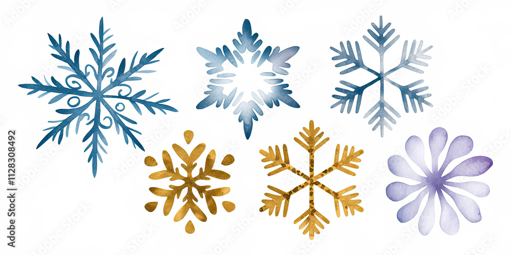 Watercolor Winter Snowflakes Blue Gold Purple Festive Holiday Design Elements Watercolor Winter Snowflakes Blue Gold Purple Festive Holiday Design Elements