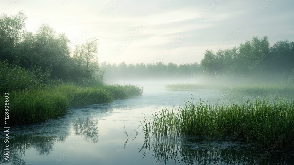 Serene misty river scene with lush green vegetation. Ideal for projects needing a peaceful, tranquil nature theme. Serene misty river scene with lush green vegetation. Ideal for projects needing a peaceful, tranquil nature theme.