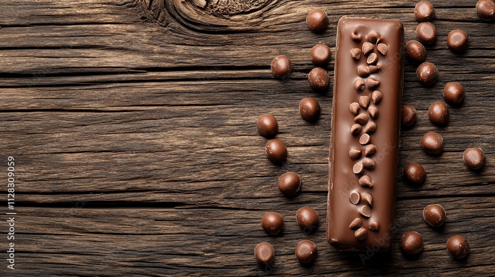 Chocolate bar with chocolate chips on rustic wood. Chocolate bar with chocolate chips on rustic wood.