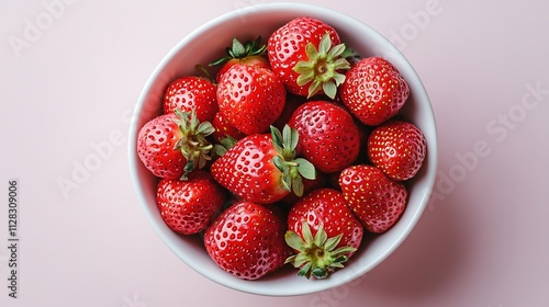 top down view of plain white ceramic bowl filled with fresh strawberries centered on clean white background