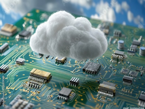 Digital Cloud Represented Above a Circuit Board, Symbolizing Modern Technology, Data Storage, and the Rise of Cloud Computing in the Information Age photo