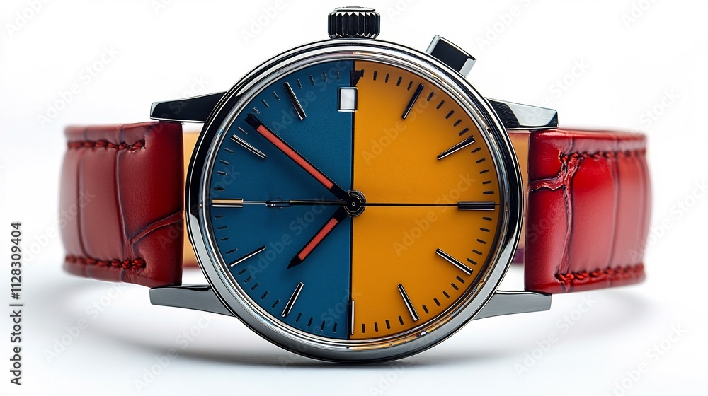 Chic fashionable ladies' watch a large round face and bold colored leather strap isolated on white background Chic fashionable ladies' watch a large round face and bold colored leather strap isolated on white background