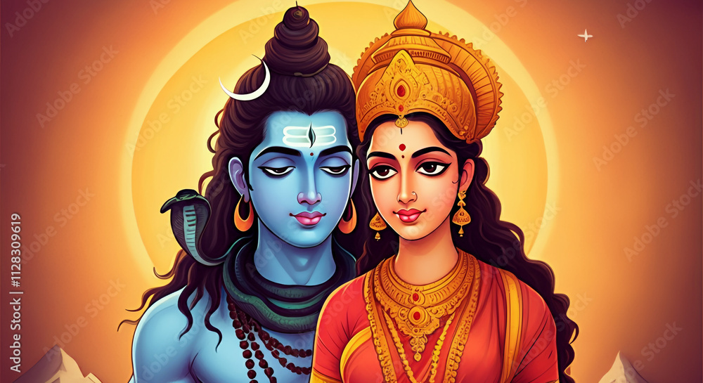 A serene portrait of Lord Shiva and Goddess Parvati with a crescent moon, symbolizing divine union, balance, and cosmic energy A serene portrait of Lord Shiva and Goddess Parvati with a crescent moon, symbolizing divine union, balance, and cosmic energy