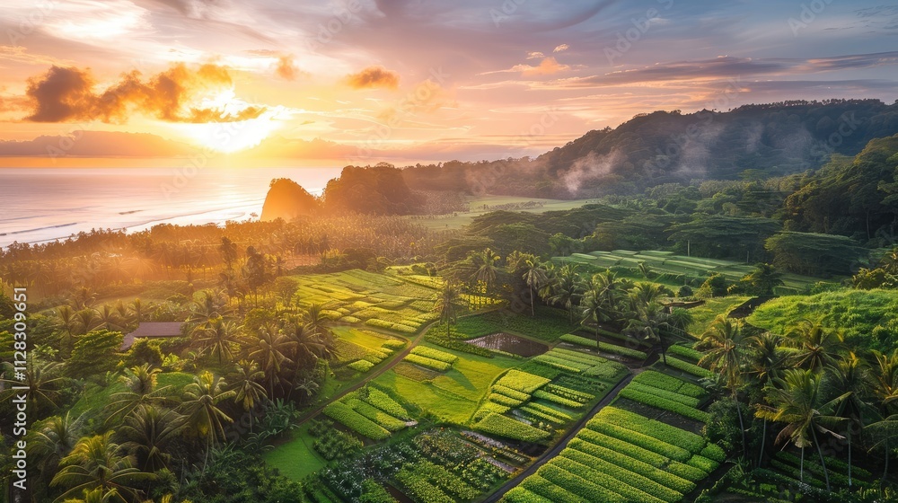 Fototapeta premium Aerial view of a lush green farm with rows of crops and a vibrant sunrise