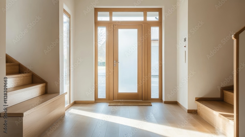 Fototapeta premium Inviting Entryway with Wooden Door and Natural Lighting