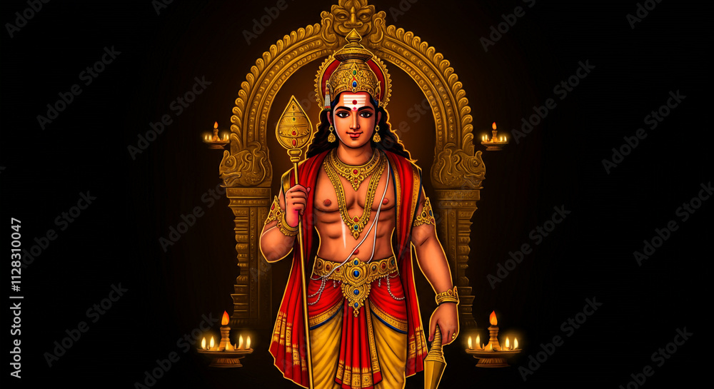 A vibrant depiction of Lord Murugan with a sacred spear and golden ornaments, symbolizing divine valor, wisdom, and spiritual leadership A vibrant depiction of Lord Murugan with a sacred spear and golden ornaments, symbolizing divine valor, wisdom, and spiritual leadership
