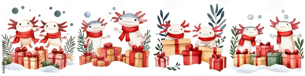 Nursery Watercolor Animal Xmas Theme Concept. Festive playful reindeer surrounded by colorful presents, perfect for holiday themes, isolate on white background set Nursery Watercolor Animal Xmas Theme Concept. Festive playful reindeer surrounded by colorful presents, perfect for holiday themes, isolate on white background set