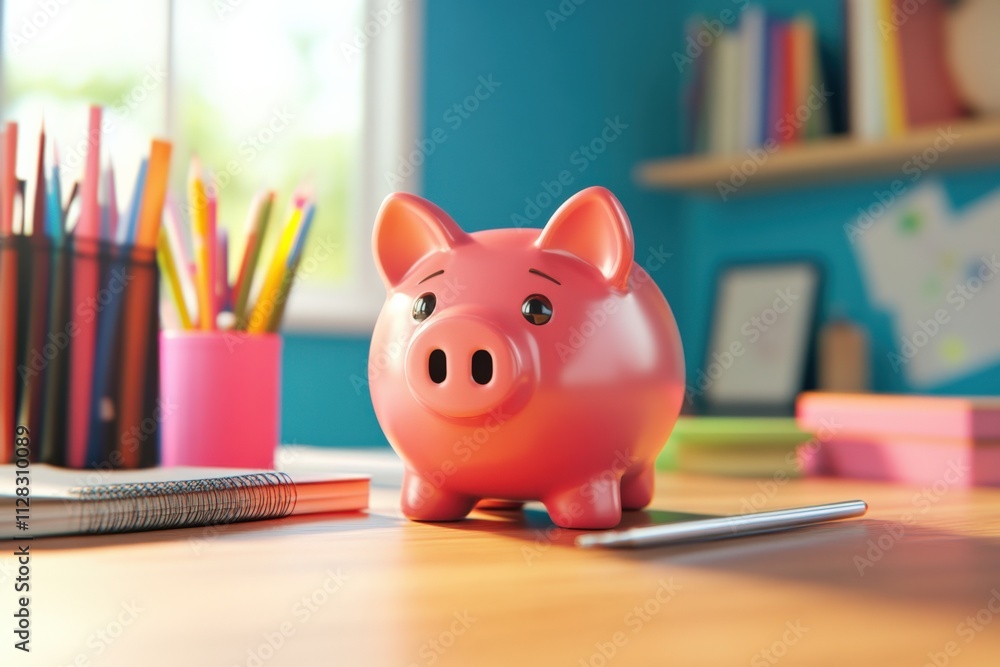 piggy bank on a desk with stationery and notebooks piggy bank on a desk with stationery and notebooks