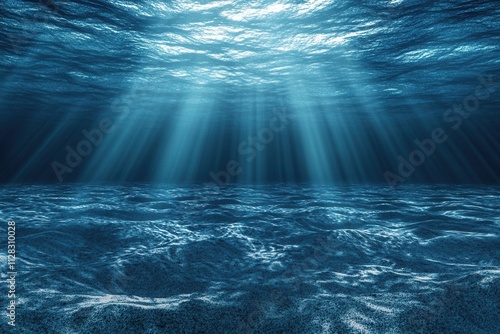 Underwater scene with light rays illuminating the ocean.