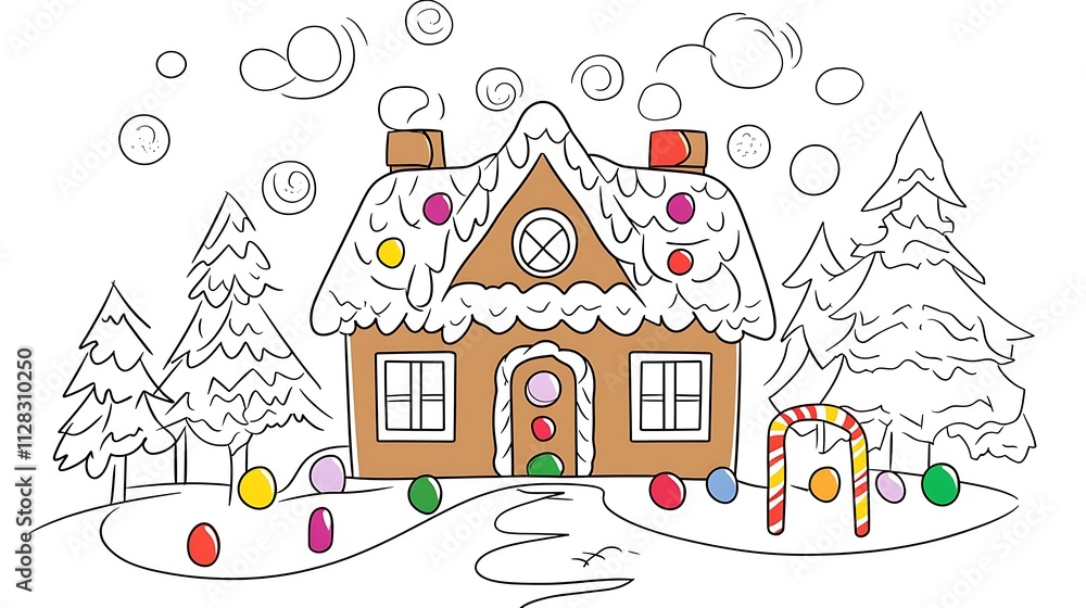 A clean white-style image of A gingerbread house decorated with icing, candies, and gumdrops in line art. A clean white-style image of A gingerbread house decorated with icing, candies, and gumdrops in line art.