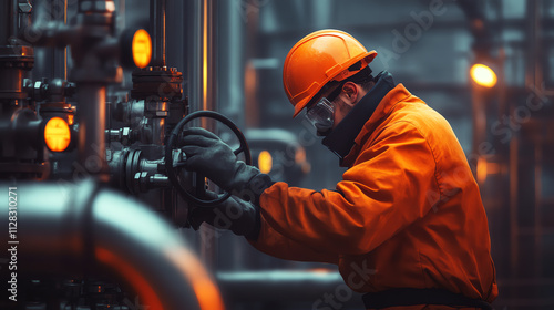 A worker in an orange uniform operating machinery in an industrial setting. photo