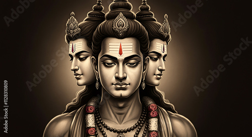 A symbolic representation of Lord Dattatreya with three faces, symbolizing the unified energy of the Hindu trinity and cosmic balance photo