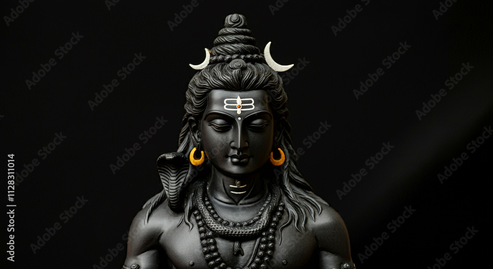 A serene black-and-white sculpture of Lord Shiva with glowing details, symbolizing spiritual enlightenment, cosmic energy, and divine serenity A serene black-and-white sculpture of Lord Shiva with glowing details, symbolizing spiritual enlightenment, cosmic energy, and divine serenity