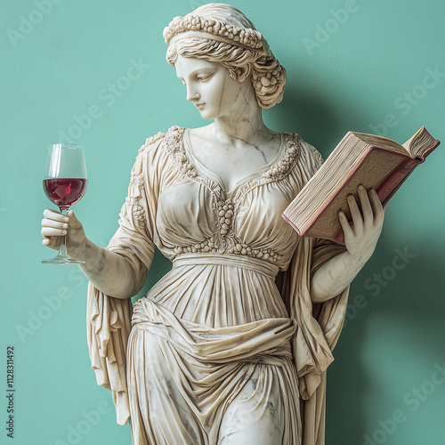 Antique female sculpture holding glass of red wine and book on green background