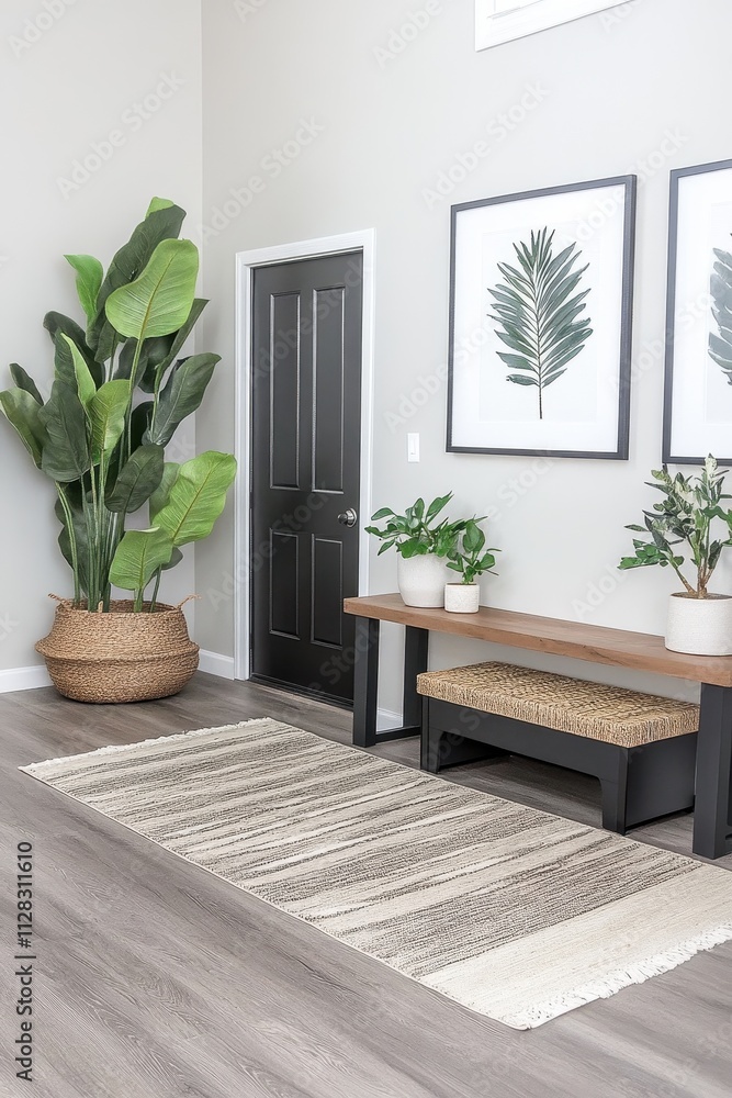 Fototapeta premium Minimalist and Stylish Entryway with Tropical Plants and Wall Art