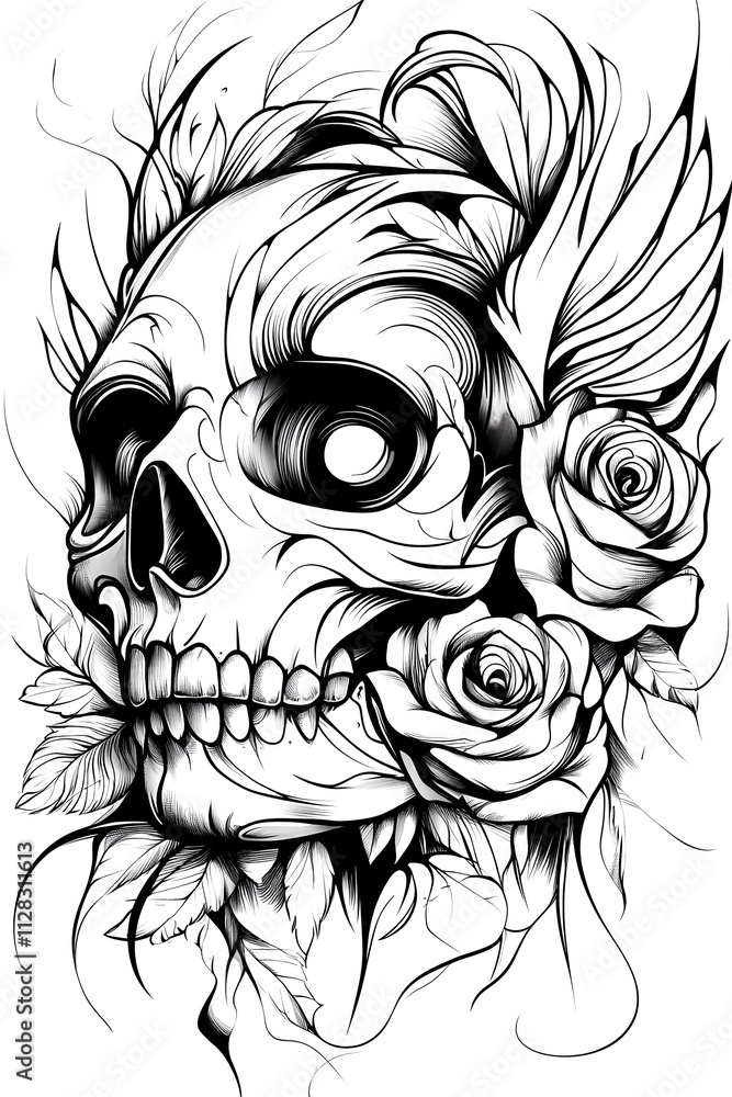 A skull with roses and leaves surrounding it. The skull is black and the roses are red. Scene is dark and mysterious A skull with roses and leaves surrounding it. The skull is black and the roses are red. Scene is dark and mysterious