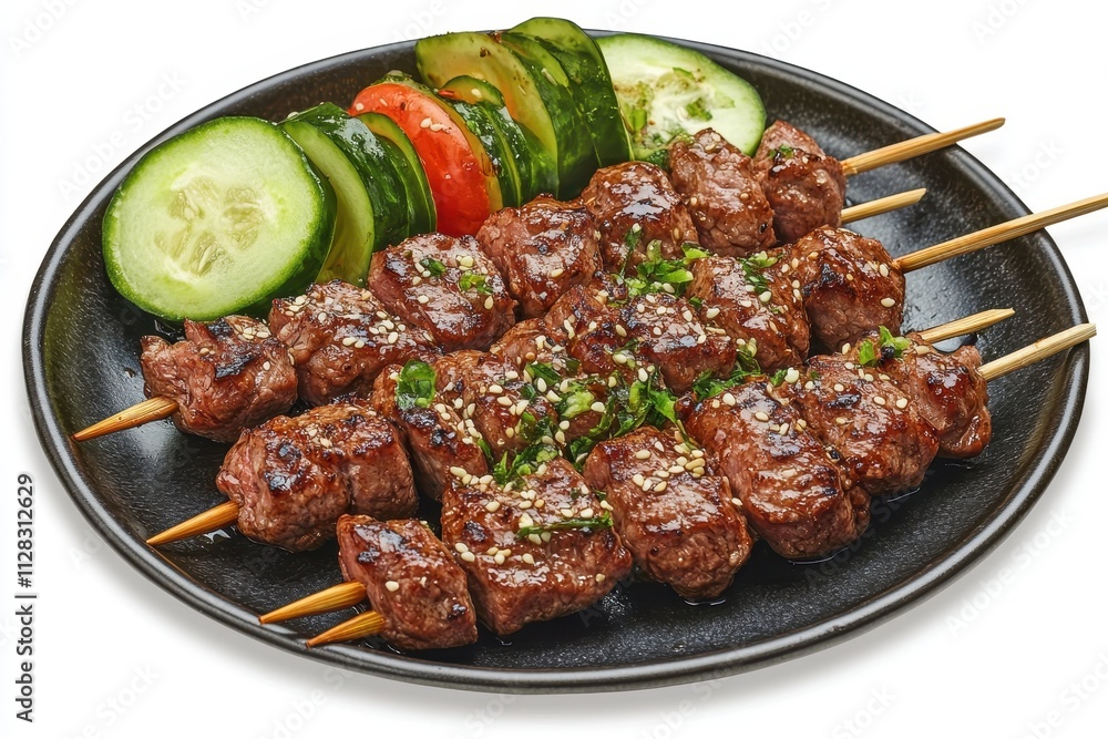 Grilled beef skewers with sesame seeds and fresh cucumber & tomato garnish. Perfect for restaurant menus, food blogs, or culinary websites. Grilled beef skewers with sesame seeds and fresh cucumber & tomato garnish. Perfect for restaurant menus, food blogs, or culinary websites.
