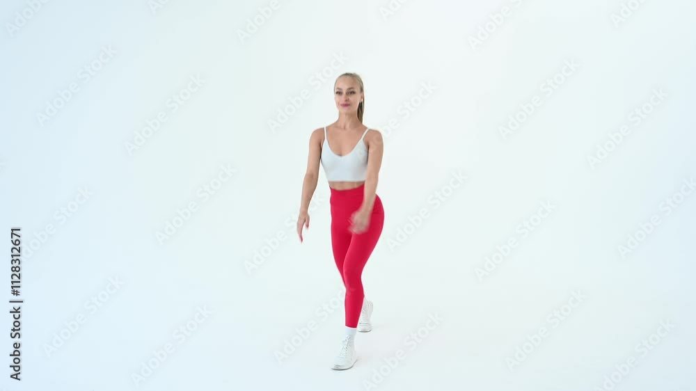 Young woman doing lunges on white cyclorama background. Young woman doing lunges on white cyclorama background.