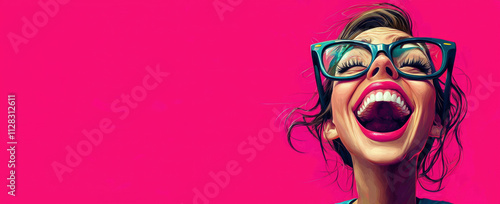 A playful portrait of a silly woman laughing uncontrollably, head tilted back, big open mouth, funny glasses, cartoonish exaggeration