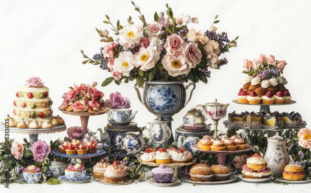 Fototapeta premium Elegant Floral Arrangement with Decorative Cakes and Pastries on Vintage Stands Surrounded by Fresh Blooms and Classic China Tableware