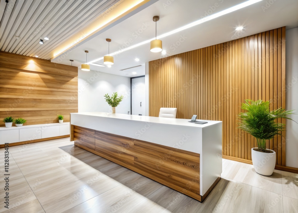 Fototapeta premium Modern clinic's reception desk: White wood grain, detailed macro shot bathed in soft natural light.