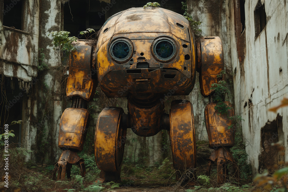 Old industrial robot stands amidst overgrown ruins in an abandoned building. Generative AI Old industrial robot stands amidst overgrown ruins in an abandoned building. Generative AI