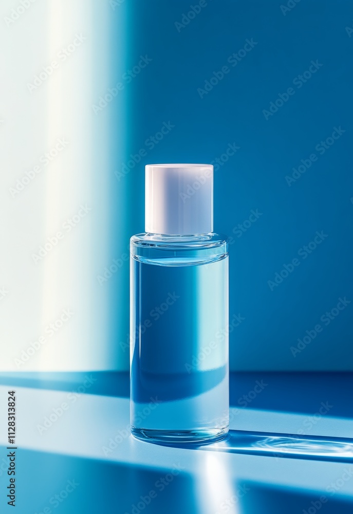 Minimalist Clear Bottle with Blue Liquid on Blue Background Minimalist Clear Bottle with Blue Liquid on Blue Background