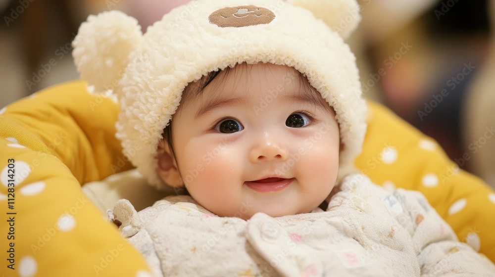 Adorable baby in a cream bear hat, sitting in a yellow chair. Perfect for products targeting babies, childcare, or family themes. Adorable baby in a cream bear hat, sitting in a yellow chair. Perfect for products targeting babies, childcare, or family themes.