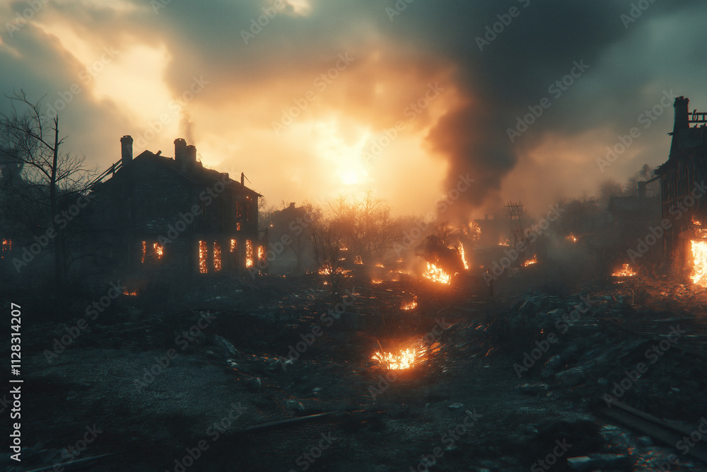 Fototapeta premium Destruction from a recent wildfire at sunset in a devastated area. Generative AI