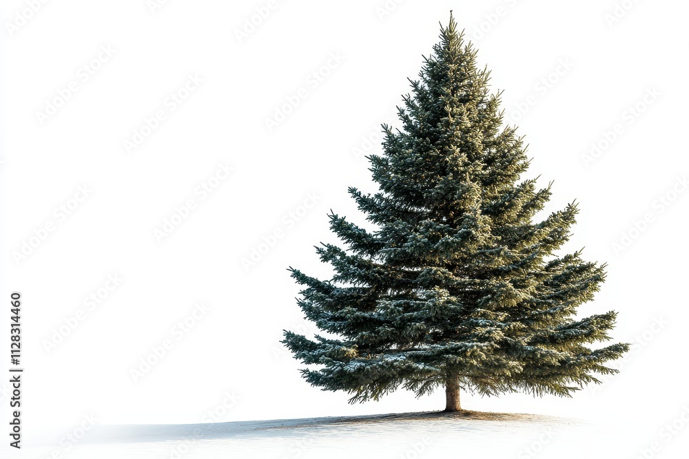 A majestic evergreen tree, lightly dusted with snow, stands alone against a white background. Perfect for holiday designs, winter scenes, or nature-themed projects. A majestic evergreen tree, lightly dusted with snow, stands alone against a white background. Perfect for holiday designs, winter scenes, or nature-themed projects.